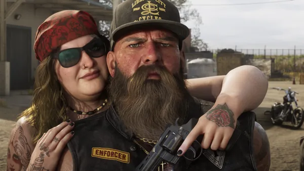 A bearded biker with an Enforcer patch and a Liberty City Cycles cap, hugged from behind by a woman in a red bandana holding a revolver.