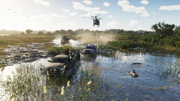 An airboat trails a swamp chase: a pickup, a police SUV and a police helicopter.