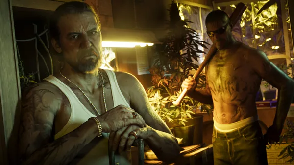 Two men guard a grow room, one with a baseball bat on his shoulder.