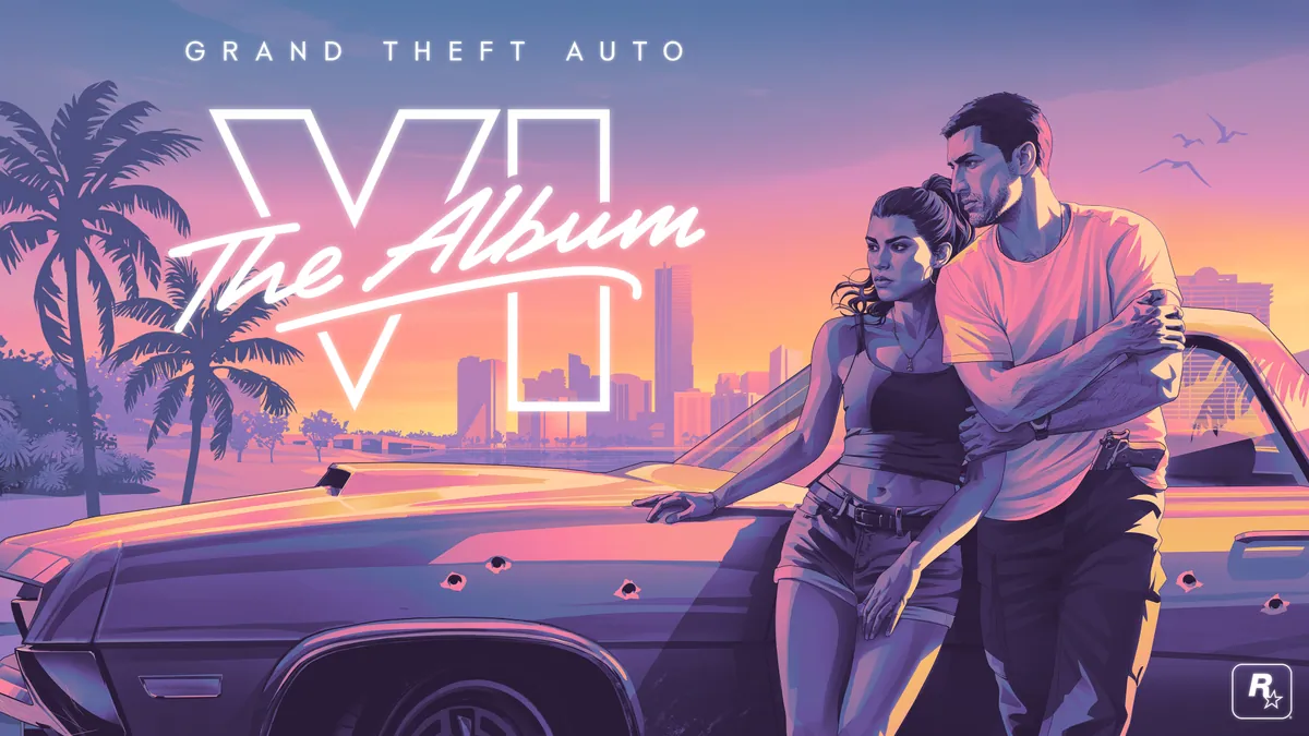 The Album cover: Lucia and Jason lean on a bullet-marked car, palms and a city skyline behind them.