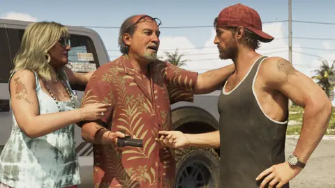 Handing Jason a handgun beside a pickup truck while a woman stands behind him.