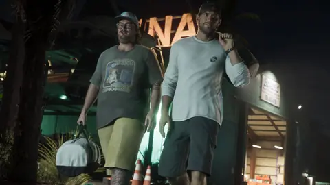 Walking with Jason past a Brian’s Boat Works & Marina sign at night, both carrying duffel bags.