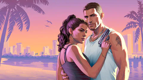 Grand Theft Auto VI artwork features Jason and Lucia against a Vice City sunset backdrop.