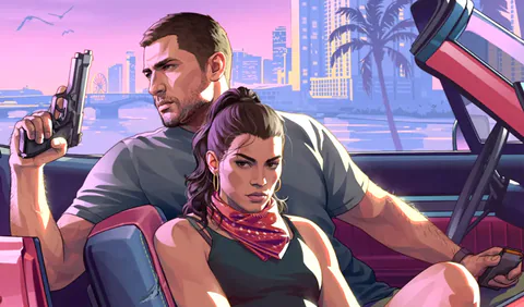 Grand Theft Auto VI screenshot shows Jason and Lucia inside a vehicle in a Vice City environment.