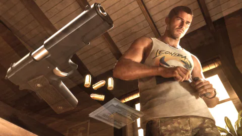 Grand Theft Auto VI screenshot shows a character holding a weapon indoors with ammunition visible on the floor.