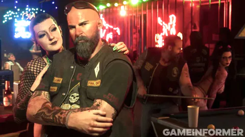 Grand Theft Auto VI screenshot shows a bar interior with a character standing among other people.