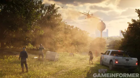 Grand Theft Auto VI screenshot shows a rural landscape with people, vehicles and wildlife areas beneath a cloudy sky.