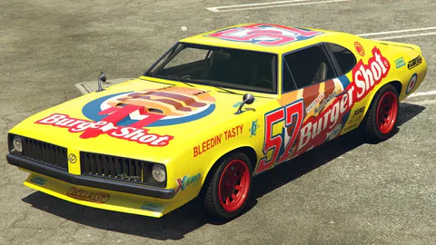 A yellow Burger Shot stock car in Grand Theft Auto features the number 57, red wheels and Burger Shot branding across its body.