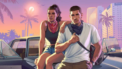 Jason Duval and Lucia Caminos sit together on a car hood in a sunset-lit Vice City scene from Grand Theft Auto VI.