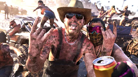 A muddy man wearing a cowboy hat and sunglasses raises both middle fingers while holding a drink at an outdoor gathering.