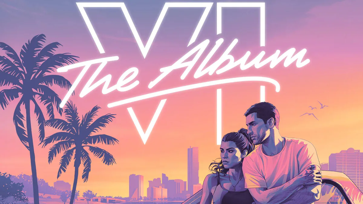 Jason Duval and Lucia Caminos lean against a car beneath the text Grand Theft Auto VI The Album.