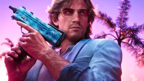Jason Duval holds a compact firearm against a pink-and-purple palm-tree backdrop.
