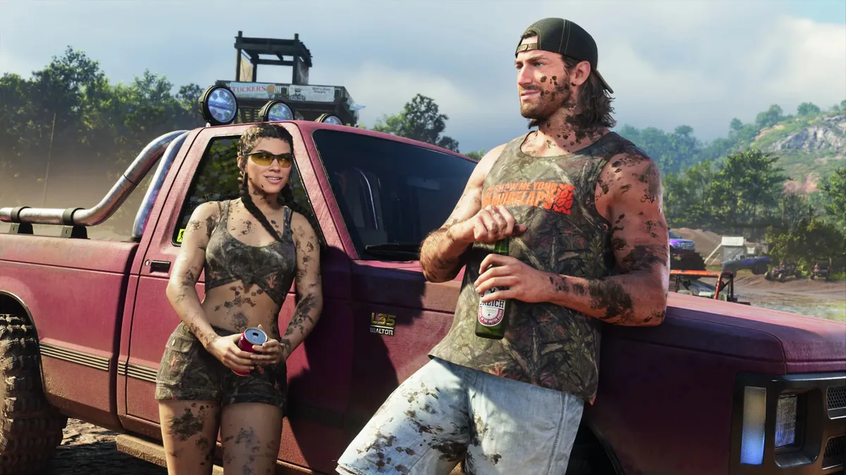 Jason and Lucia stand beside a red pickup truck at the Thrillbilly Mud Club, covered in mud and holding drinks.