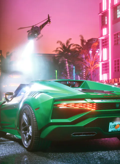 A green supercar sits on a neon-lit Vice City street as a police helicopter shines its searchlight toward the road.