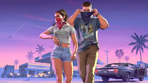 Jason and Lucia stand in the street wearing face coverings against a pink and purple sunset in Vice City.