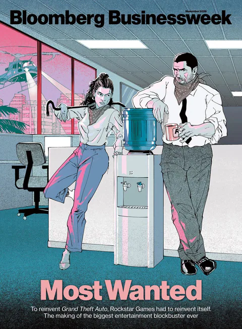 The Bloomberg Businessweek cover titled Most Wanted depicts Jason and Lucia beside a water cooler in an illustrated office scene.