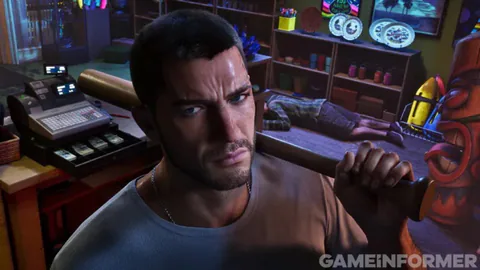 Jason with a baseball bat on his shoulder behind a shop counter, a man lying on the floor behind him.