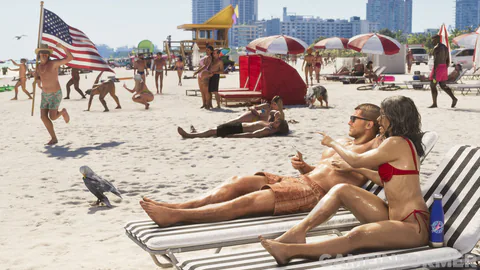 A crowded Vice City beach: sunbathers on loungers, umbrellas, an American flag and a lifeguard tower behind them.
