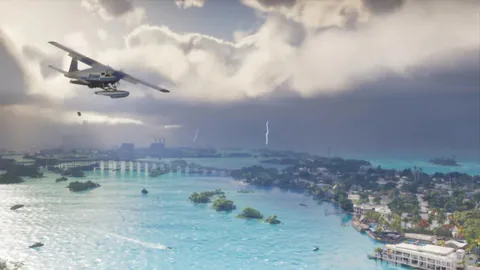 A seaplane over the Leonida Keys as a storm rolls in, with lightning striking over the islands.