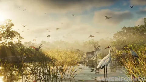 A misty wetland at sunrise: a deer in the reeds, white wading birds and flocks overhead.