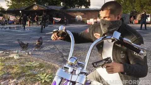 Jason, masked in a bandana and a biker jacket, aims a pistol from his motorcycle outside a roadside bar, with chickens in the road.