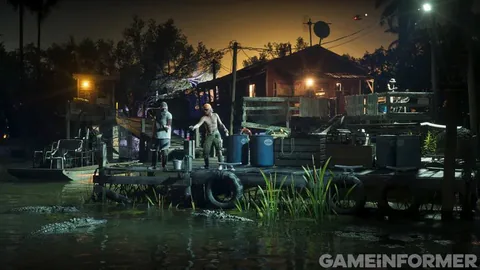 A swamp dock at night, with figures standing by a lit wooden shack.