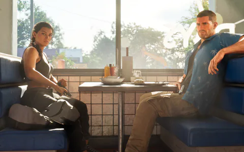 Lucia and Jason sit opposite each other in a sunlit diner booth, each holding a handgun.