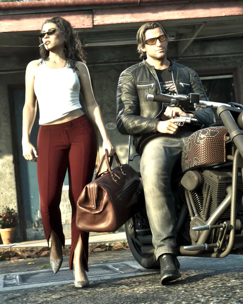 Lucia carries a large brown travel bag beside Jason as he sits on a motorcycle holding a pistol.