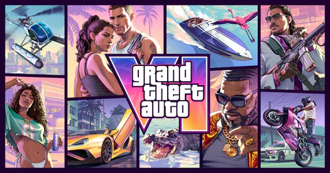 Grand Theft Auto VI artwork combines scenes of Lucia Caminos, Jason Duval, vehicles and Leonida wildlife around the game logo.