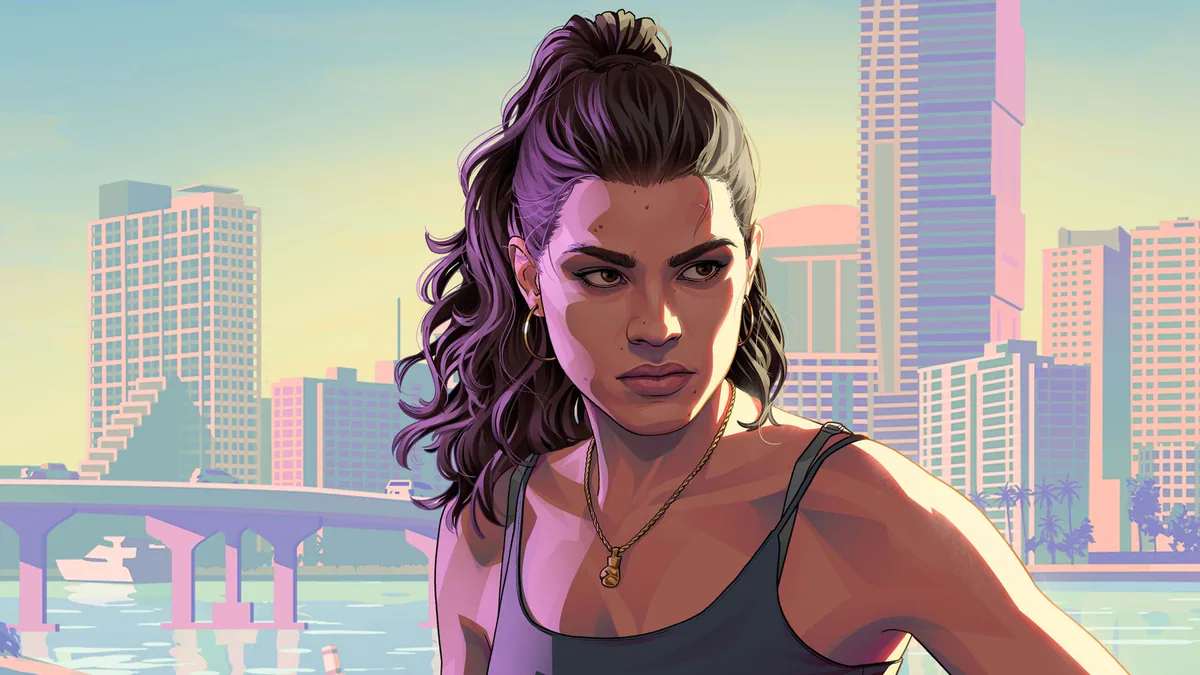 Lucia Caminos stands in front of a pastel-colored city skyline in official Grand Theft Auto VI artwork.