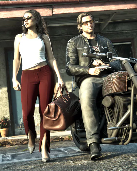 Lucia carries a leather bag while Jason sits on a motorcycle holding a pistol outside a building.