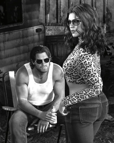 Jason sits holding a drink while Lucia stands beside him in sunglasses and a leopard-print top in a black-and-white portrait.