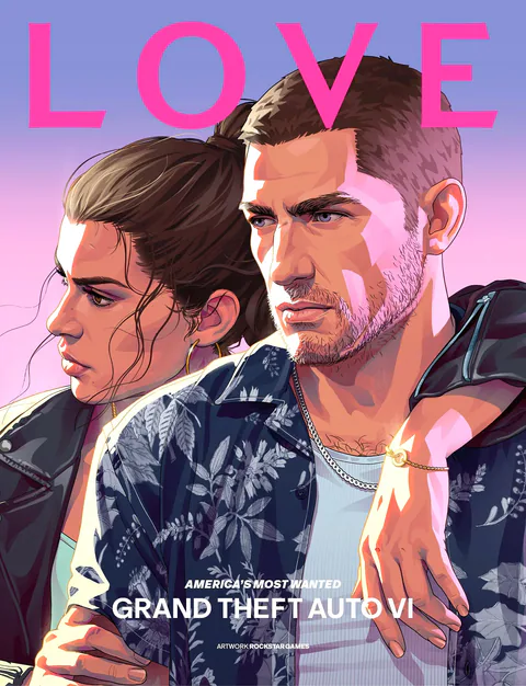 Lucia and Jason appear in illustrated portraits beneath the LOVE masthead and the GRAND THEFT AUTO VI title.