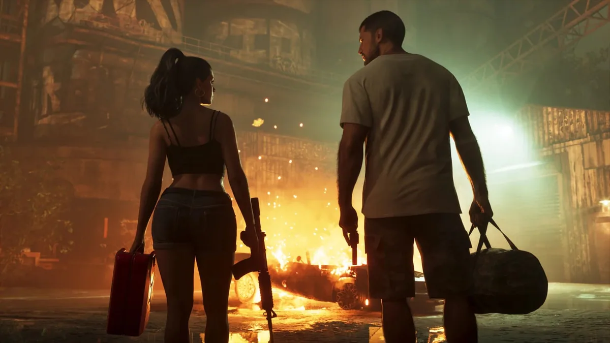Lucia and Jason walk away carrying guns and bags as fire burns behind them inside an industrial building.