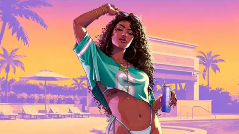 A woman in a teal number 6 top poses beside a swimming pool at sunset in official GTA 6 artwork.