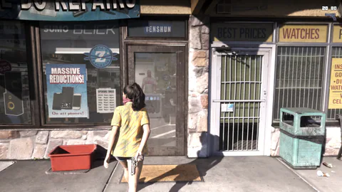 Lucia walks past a pawn shop and storefronts displaying signs reading MASSIVE REDUCTIONS! and WATCHES.