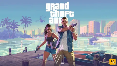GTA VI key art features Jason Duval and Lucia Caminos standing beside the water beneath the Grand Theft Auto VI logo.