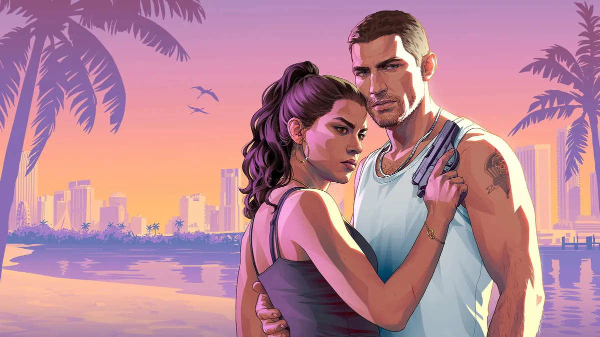 Jason Duval and Lucia Caminos stand together near the water in Vice City artwork from Grand Theft Auto VI.