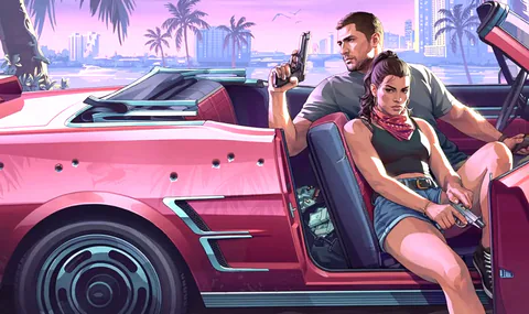 Jason Duval and Lucia Caminos sit beside a red car in Grand Theft Auto VI artwork from the Game Informer preview coverage.