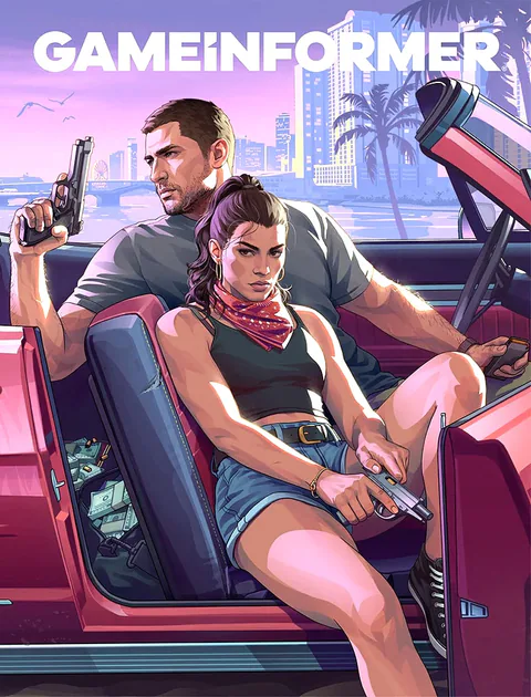 Jason and Lucia sit beside a car beneath the GAMEINFORMER masthead on the Grand Theft Auto VI magazine cover.