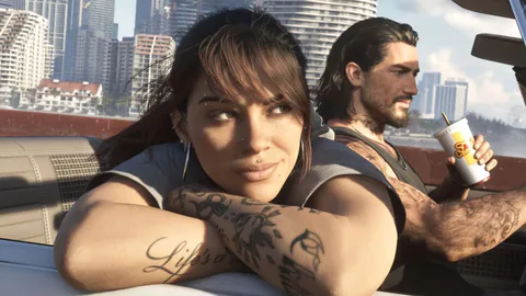 Lucia leans toward the camera while Jason sits behind her aboard a boat in Vice City.