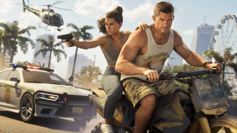 Jason drives an ATV with Lucia riding behind him as they flee police near the beachfront.