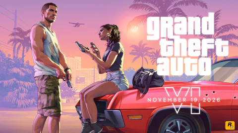 Jason and Lucia stand beside a red car beneath the grand theft auto VI logo and NOVEMBER 19, 2026 release date.