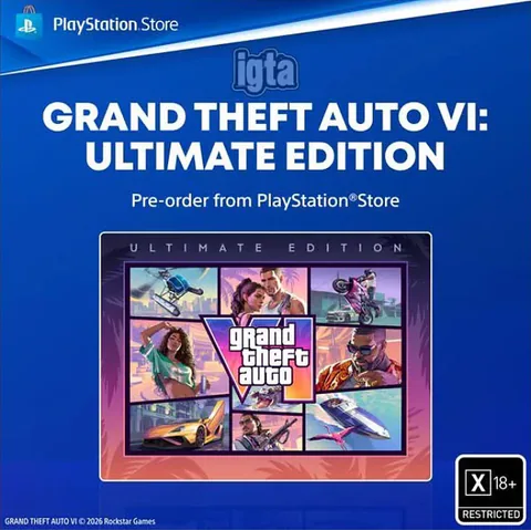 The ad as shared on r/GTA6: PlayStation Store branding, an “igta” wordmark, the Ultimate Edition cover and an X 18+ Restricted badge in the corner.