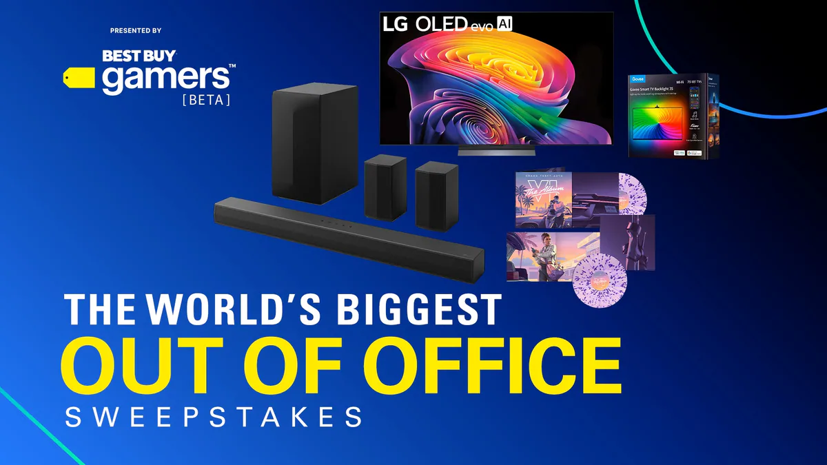 The IGN and Best Buy campaign graphic reads THE WORLD’S BIGGEST OUT OF OFFICE SWEEPSTAKES above gaming hardware, a television and accessories.