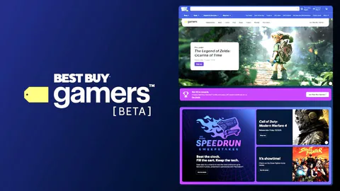 Best Buy Gamers [BETA] promotional graphic features the gaming service logo alongside a collage of its website, promotional offers and featured games.