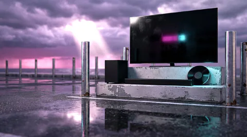 A television and game console sit on a concrete waterfront platform beneath a purple evening sky.