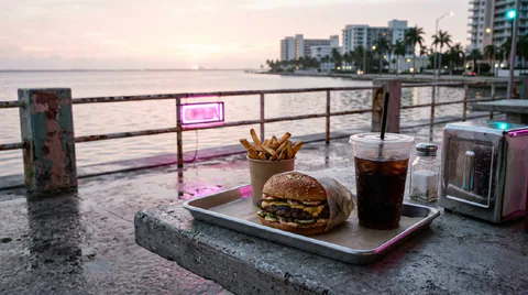 A burger, fries and drinks sit on a waterfront table beside a neon sign, with palm trees and buildings across the water.