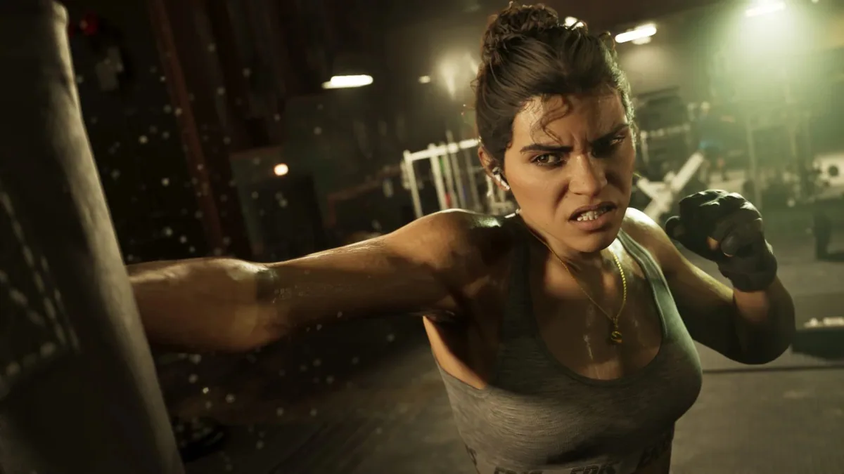Lucia Caminos throws a punch while training in a gym.