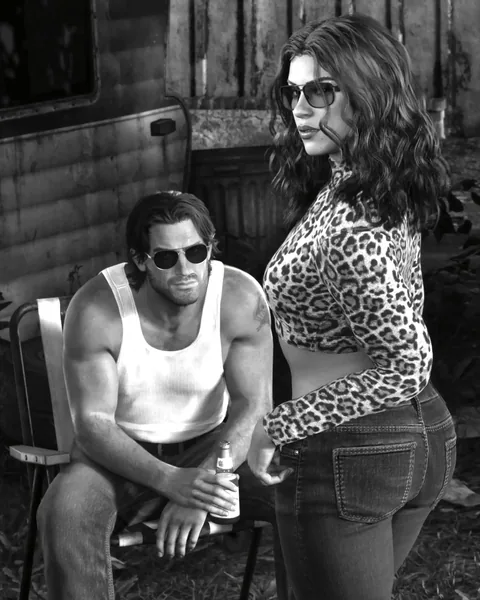 Jason Duval sits outside a trailer holding a bottle while Lucia Caminos stands beside him in sunglasses and a leopard-print top.